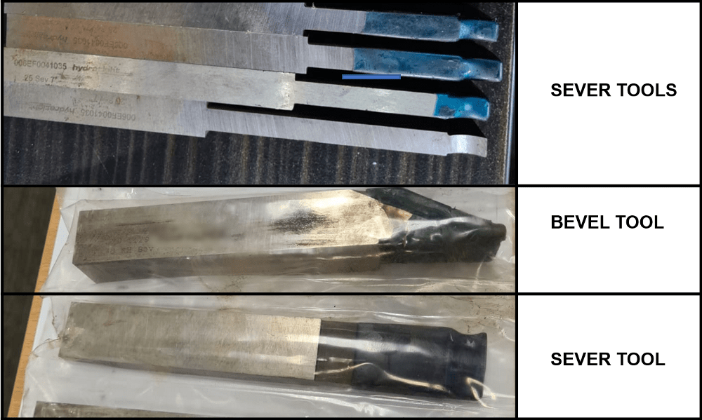 sever and bevel high speed steel tools for a clamshell pipe cutting and beveling machine