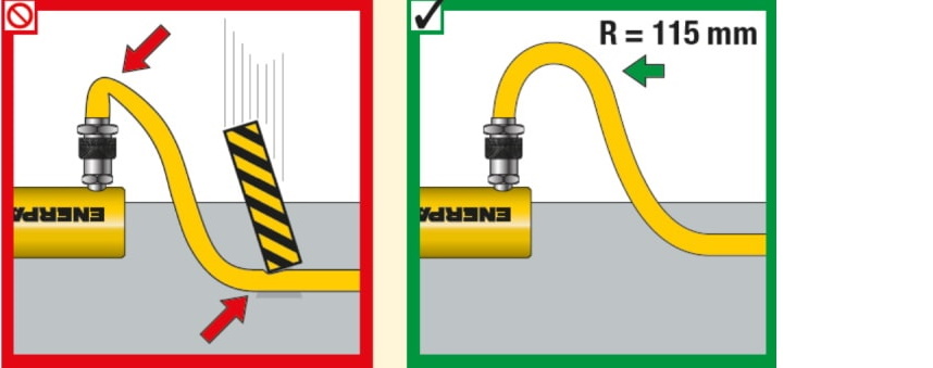 do not bend hydraulic hose too tightly