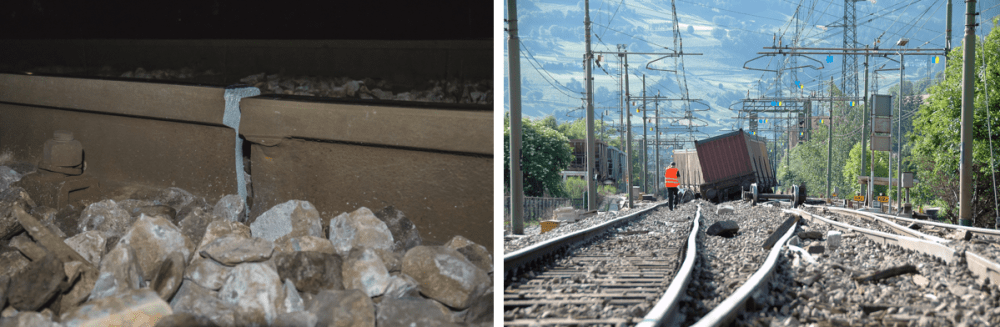 broken rail track caused by low temperature and and buckled rail track caused by hot weather
