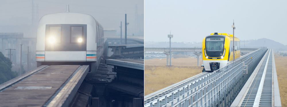 Maglev trains approaching the stations in Shanghai and South Korea
