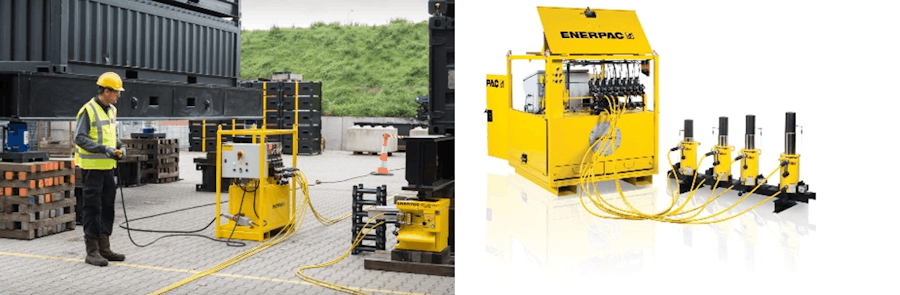 controlled lifting pump for multi-point lifting when handling heavy equipment
